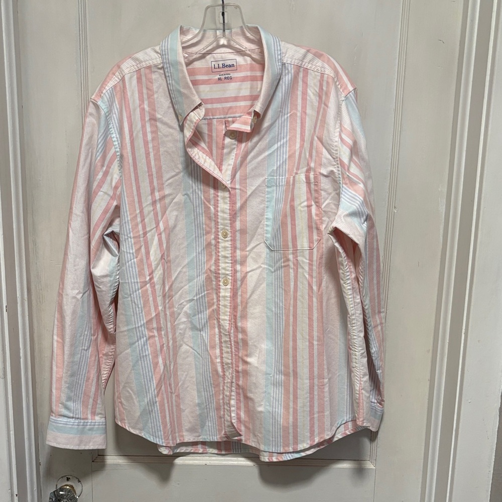 L.L. Bean Casual Shirt Pastel Pink and Blue Stripes ButtonDown Longsleeve Top XL